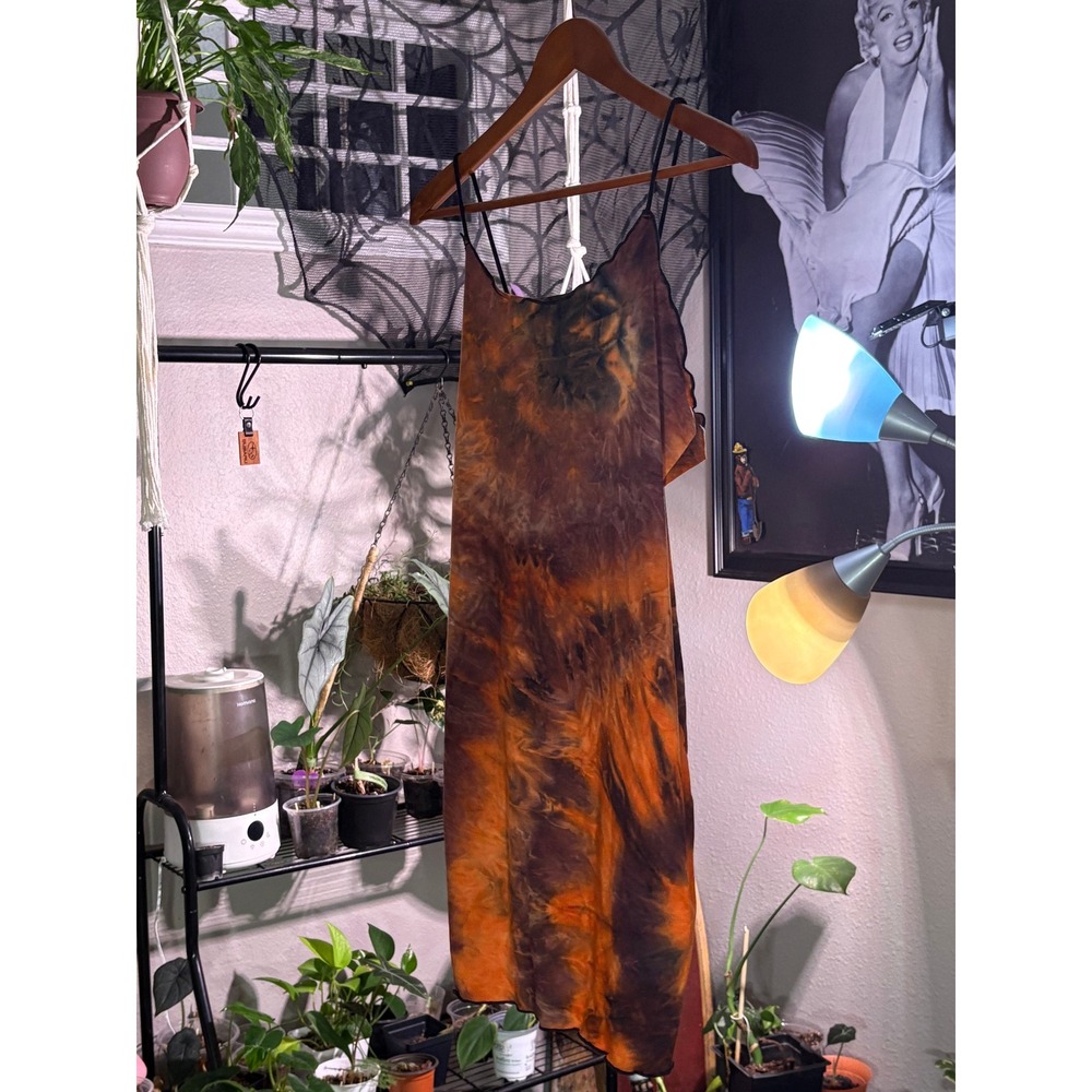 SHEIN Curvy 1XL Tie Dye Cami Dress Orange Brown Spaghetti Strap Mesh